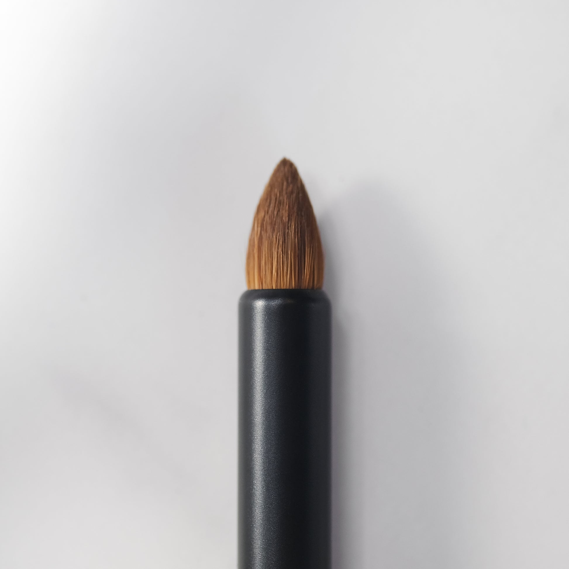 Makeup brush with brown bristle tip on a white background
