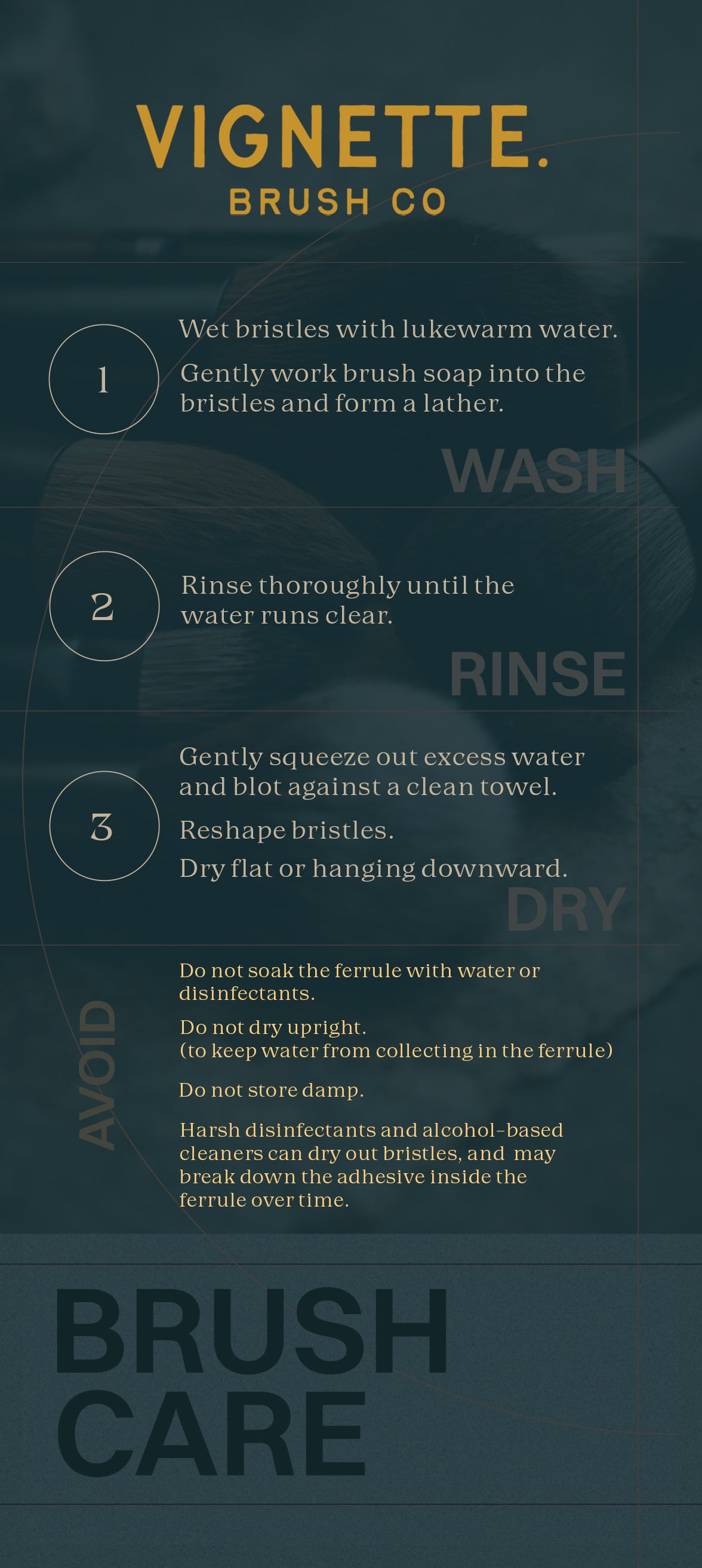 Vignette Brush Co brush care instructions on a dark background