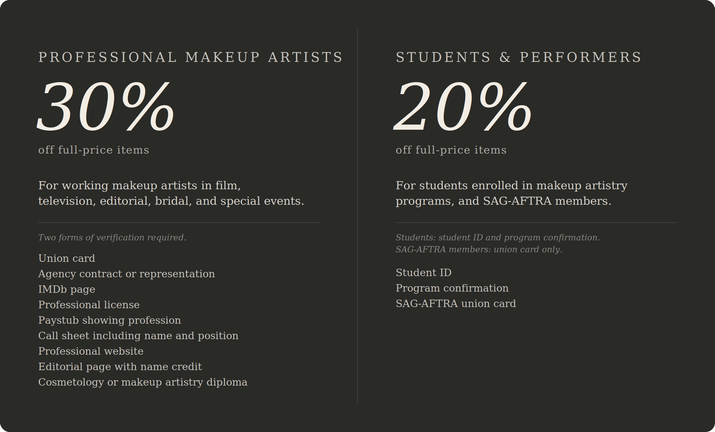 Promotional text for makeup artists and students/performers with discount information.